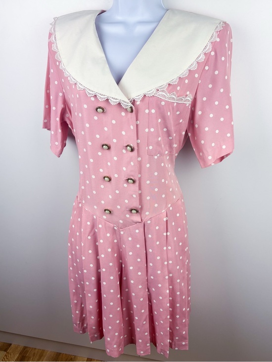 Vintage Pants - Vintage 80s Polka Dot Lace Collar Button Pink White Romper Coquette Retro Barbie
